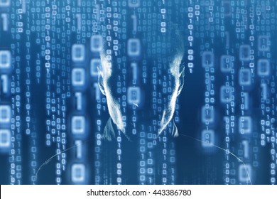 hacker at work with graphic user interface around