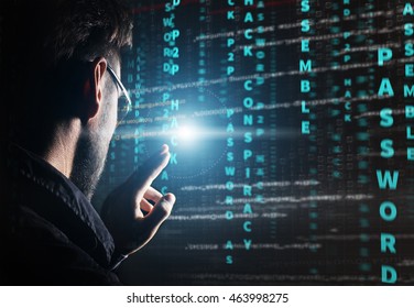 Hacker At Work With Graphic User Interface Around