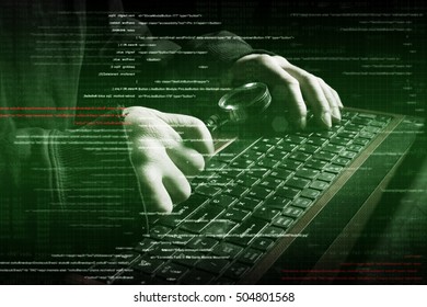 hacker at work with graphic user interface around