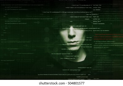 hacker at work with graphic user interface around