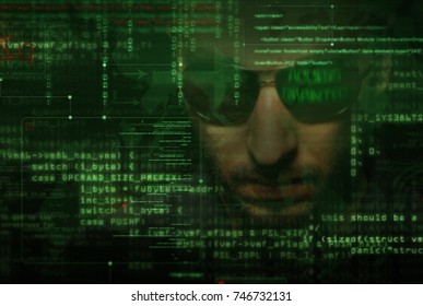 hacker at work with graphic user interface around
