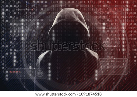 hacker at work with graphic user interface around