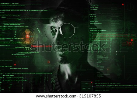 hacker at work with graphic user interface around