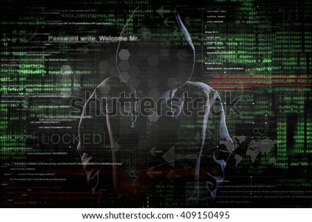 hacker at work with graphic user interface around