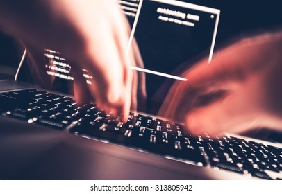 Hacker in Work. High Speed Computer Keyboard Typing by Professional Hacker. Hacking the Internet Photo Concept. - Shutterstock ID 313805942