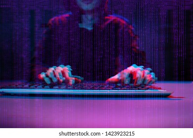 Hacker working with computer in dark room with digital interface around. Image with glitch effect.