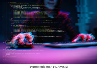 Hacker working with computer in dark room with digital interface around. Image with glitch effect. - Powered by Shutterstock - Get 15% off with code: PIKWIZARD15