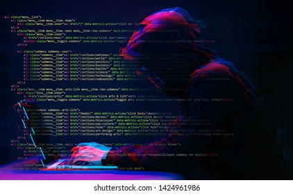 Hacker working with laptop in dark room with digital interface around. Image with glitch effect.