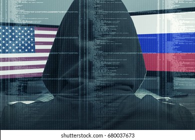 Hacker Working On A Cyber Attack On USA And Russia. Concept Of Hacking Into The Computer.