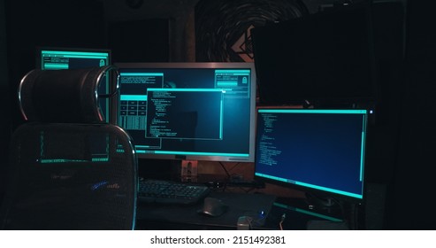 Hacker Workplace Has Three Monitors, The Room Is Dark, There Are No People. Concept Of Cyberterrorism, Server Hacking And Cyber Attacks