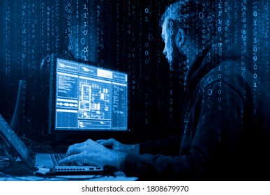 Hackers breaking server using computers. Cybercrime concept.