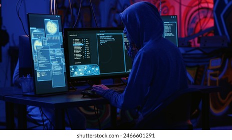 Hackers in dark room running code to breach defenses and exploit weaknesses in computer systems. Evil developers in basement getting past companies security networks, handheld camera shot