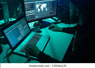 Hackers making cryptocurrency fraud using virus software and computer interface. Blockchain cyberattack, ddos and malware concept. Underground background.