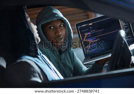Hackers, men and laptop screen with code in car for ransomware, phishing and stealing data. Criminals, tech display and people with cybercrime in vehicle for fraud, malware or network breach at night