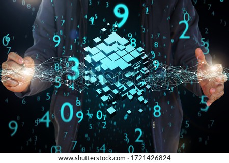 Hackers using a electronic pen to point linked networks along with many cubes. Secure and Decoding Concept. Secret codes and hackers Concept.  Technology and connection concepts.