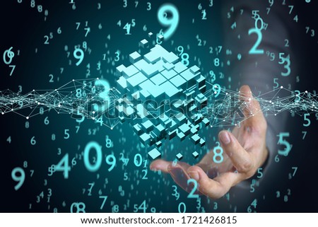 Hackers using a hand to touch linked networks along with many cubes. Secure and Decoding Concept. Secret codes and hackers Concept. Technology and connection concepts.