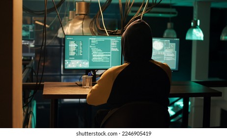Hackers using network vulnerability to exploit security server, trying to break computer system at night. People working with multiple monitors to hack software, illegal hacktivism. - Shutterstock ID 2246905419