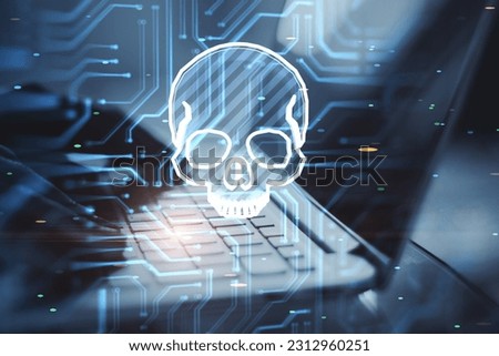 Hacking attack and online piracy creative concept with blue skull digital hologram on modern laptop background and blurry male hands on a keyboard, double exposure