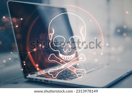 Hacking attack and online piracy creative concept with red skull and bones digital hologram on modern laptop background, double exposure
