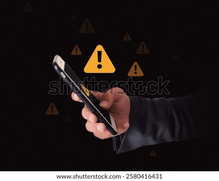 Hacking attempt on the smartphone screen with alert signs in yellow floating. Hacked, warning, yellow, side view, mobile, cyber security threat concept design