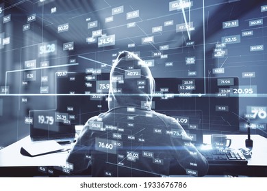 Hacking of big data system concept with theft back, computers and digital virtual statistic indicators. Double exposure