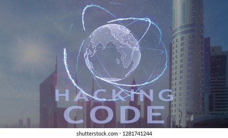 Hacking code text with 3d hologram of the planet Earth against the backdrop of the modern metropolis. Futuristic animation concept - Powered by Shutterstock - Get 15% off with code: PIKWIZARD15