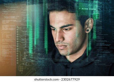 Hacking, coding and digital overlay of man with night software, password access or data programming. Cybersecurity, html code and system or server hacker, programmer or focus person with web database