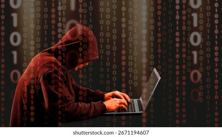 Hacking concept. Hacker person using laptop with binary code