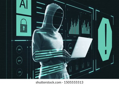 Hacking and cyber attack concept with no face hacker using laptop and digital screen with diagram.