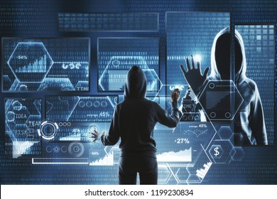 Hacking and information concept. Hacker using abstract laptop with binary code digital interface. Double exposure 