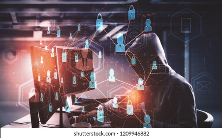 Hacking and information concept. Hacker using laptop with abstract business interface in blurry office interior. Double exposure 