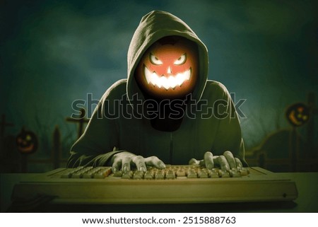 Hacking and internet security concept hacker in hoody typing on keyboard and digital glowing skull symbol, double exposure