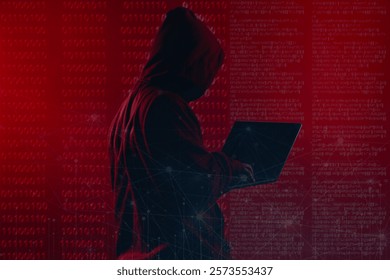 Hacking and malware concept. Hacker using laptop computer with binary code digital interface. Double exposure.