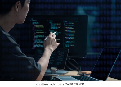 Hacking and malware concept. Hacker using abstract laptop with binary code digital interface. 