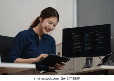 Hacking and malware concept. Hacker using abstract laptop with binary code digital interface.