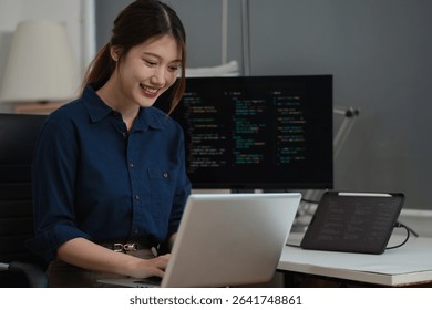 Hacking and malware concept. Hacker using abstract laptop with binary code digital interface.