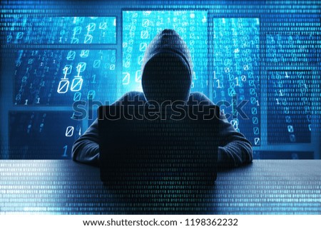 Hacking and malware concept. Hacker using abstract laptop with binary code digital interface. Double exposure 