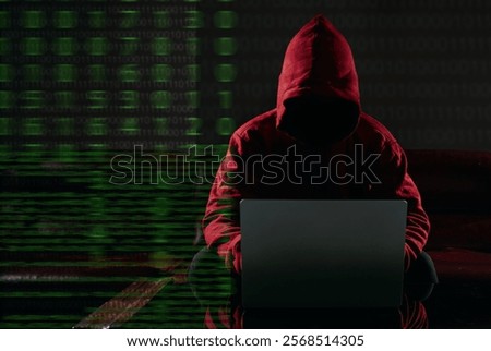 Hacking and malware concept. Hacker using laptop computer with binary code digital interface. Double exposure.