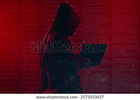 Hacking and malware concept. Hacker using laptop computer with binary code digital interface. Double exposure.