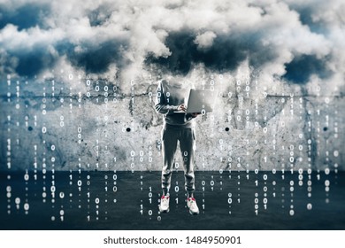 Hacking and malware concept with no face hacker with laptop under clouds and binary code rain.
