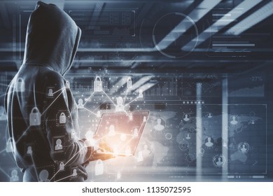 hacking in process with side view on hacker with laptop and abstract digital technology with icons illustration