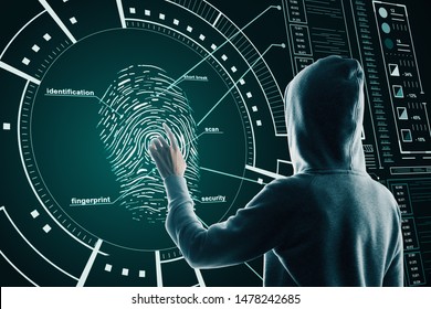 Hacking and security concept with back view hacker pushing on fingerprint on digital screen with cyberspace icons.