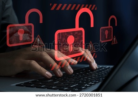 Hacking and system intrusion. Unauthorized access and account takeover. Unlocked padlock icons. Hacker using laptop computer to steal data.