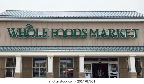 HADLEY, MASSACHUSETTS, USA - JULY 26, 2021: Storefront of Whole Foods Market, an American multinational supermarket chain, on Russell Street in Hadley open during COVID-19.