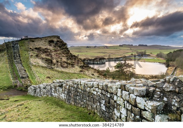 Hadrian\'s Wall above Cawfield Quarry / The Pennine\
Way walking trail joins the Roman Wall at this section,which is a\
UNESCO World Heritage\
Site