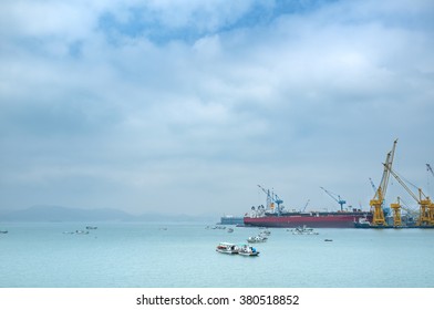 Haenam, South Korea - 13 AUG, 2014 - View Of Creating Ships In Hyundai Shipyard