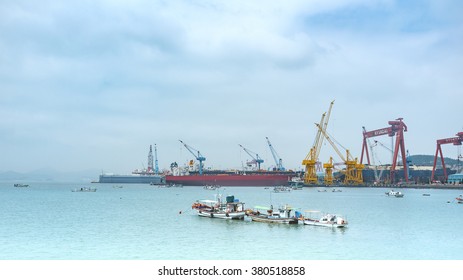 Haenam, South Korea - 13 AUG, 2014 - View Of Creating Ships In Hyundai Shipyard