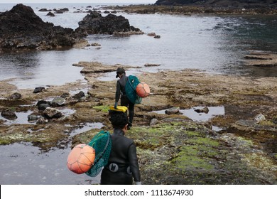 Haenyo Divers Prepare To Go At Sea To Harvest Seafood In Jeju Island, South Korea.