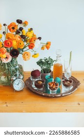Haft Seen traditional table of Nowruz. Persian new year decoration, Table with Haft-seen elements for Novruz, Cultural feast.Traditional celebration of spring in March, Novruz Holiday.
				