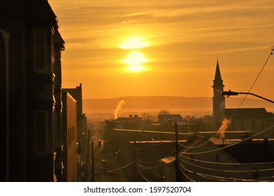 Hagerstown, Maryland / USA - December 24 2019: Hagerstown Street At Sunrise With Church.